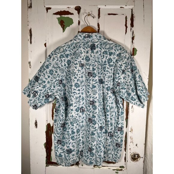 OP Sport Mens Size L Hawaiian Camp Shirt Blue Retro Print Cotton Blue Side Slits - Picture 4 of 10